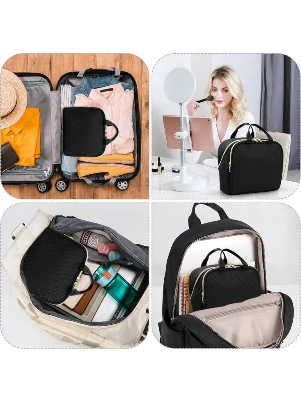 Large Capacity Makeup Bag with Brush Holder & Mirror - Waterproof Travel